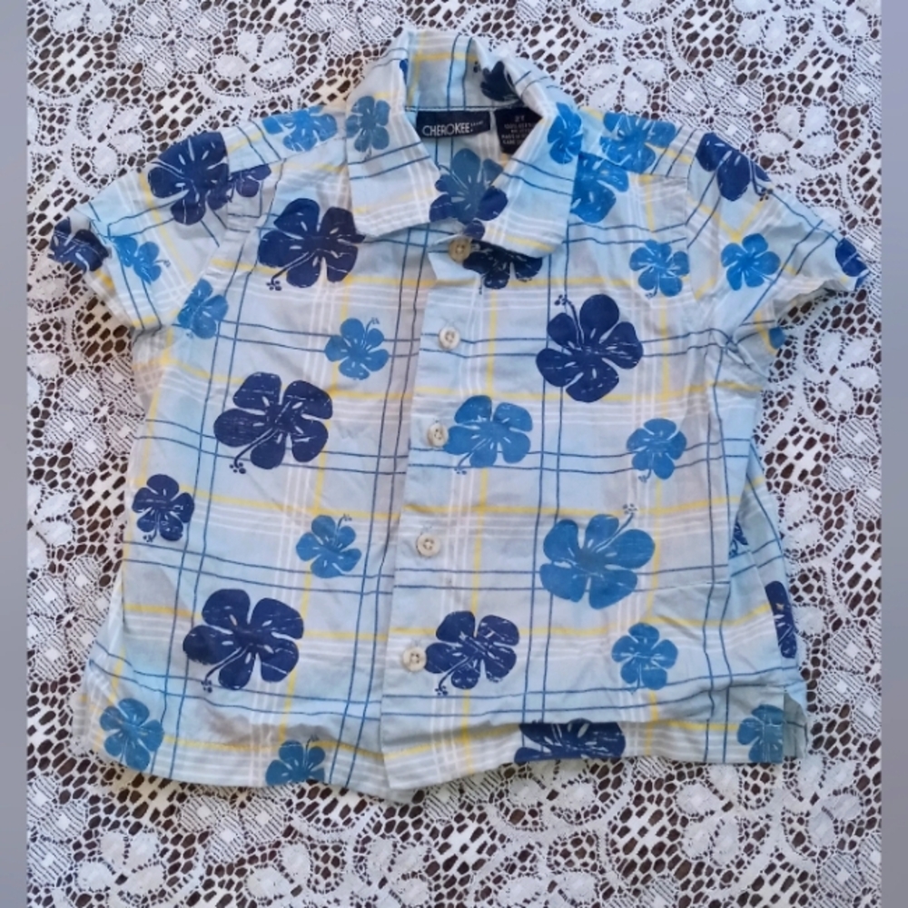 CHEROKEE TODDLER BOYS HAWAIIAN FLORAL & PLAID BUTTON-UP SHIRT - 2T Short Sleeve